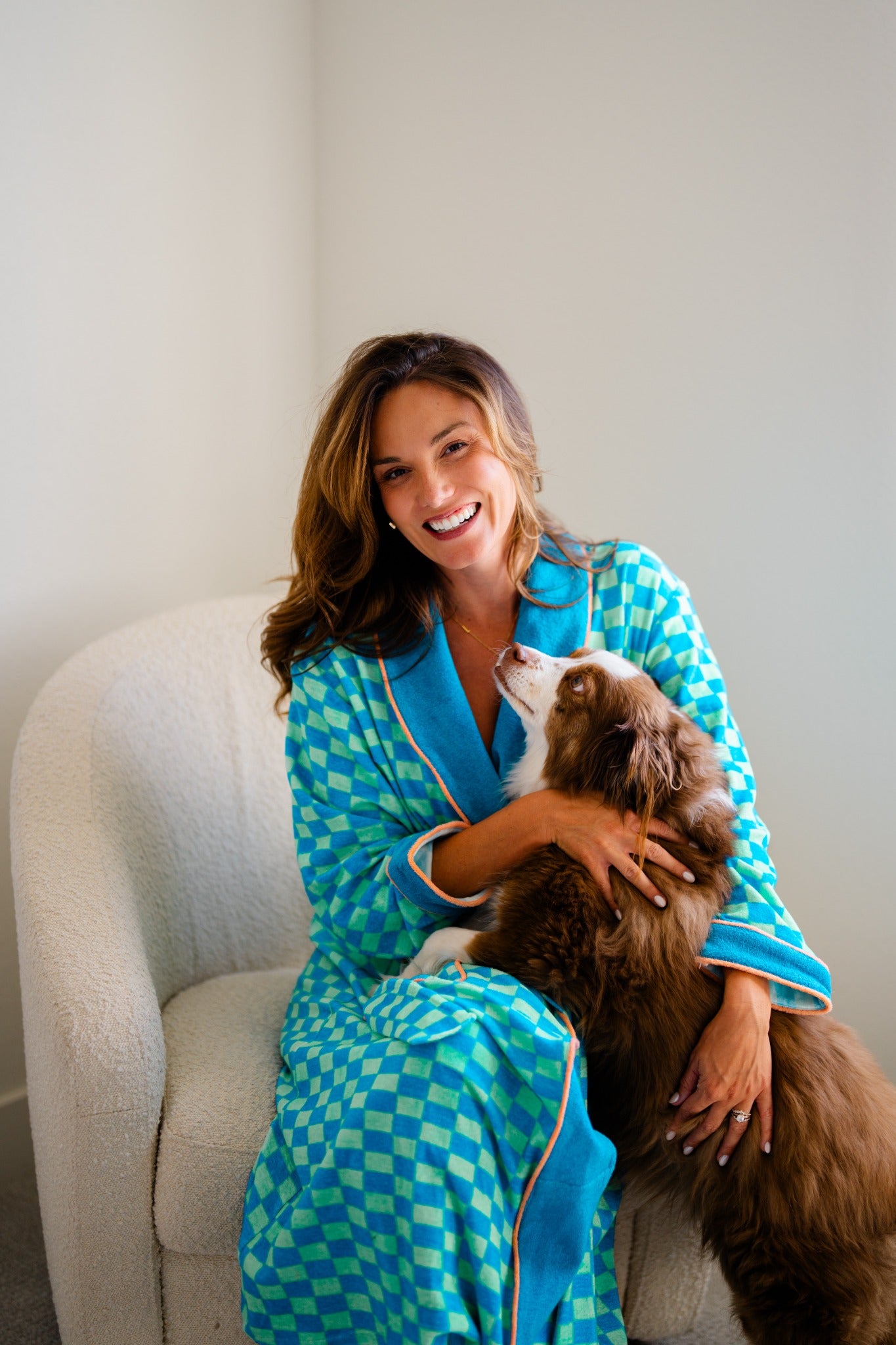Checkered Robe cozy chair portrait