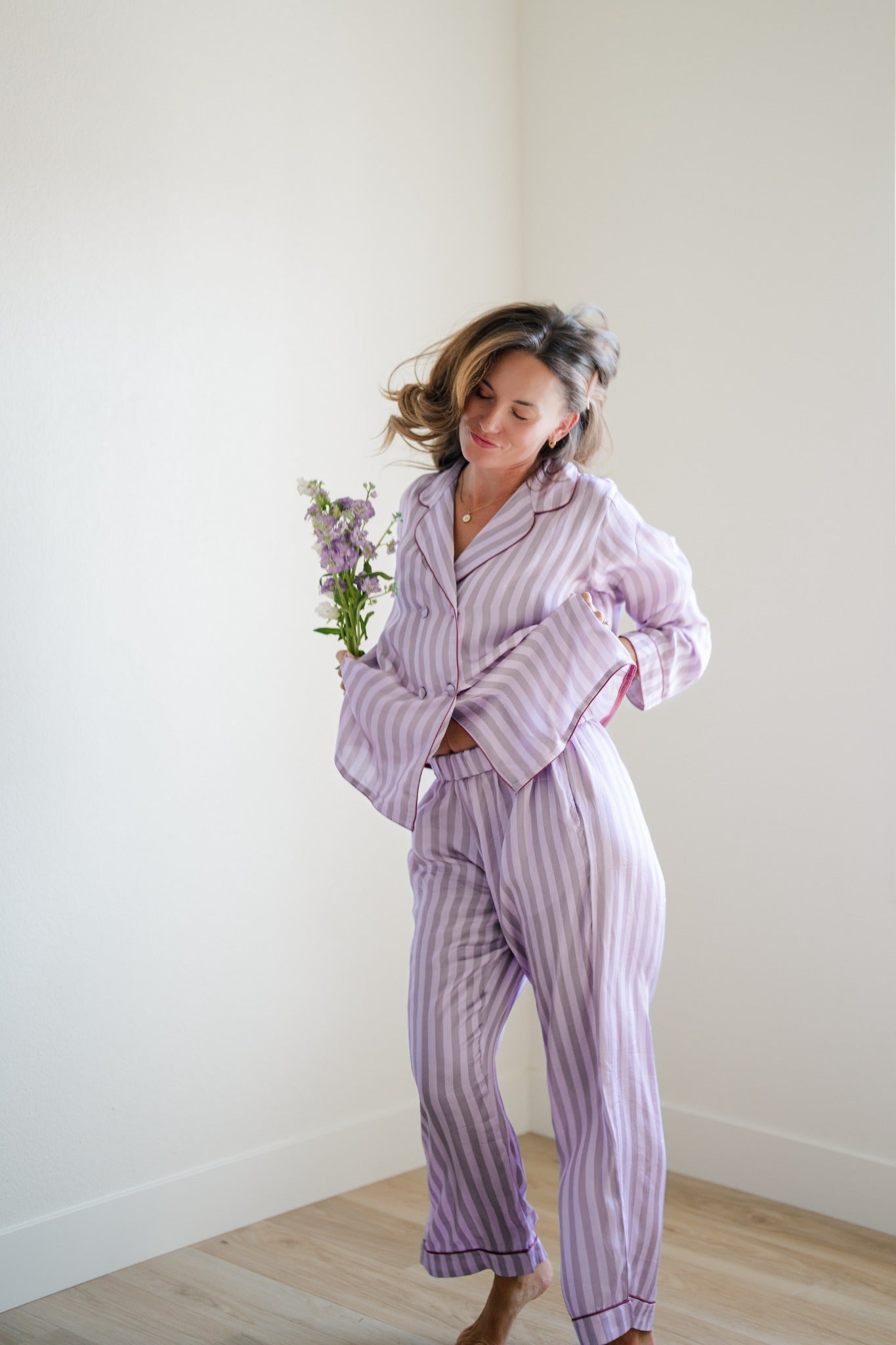 Lilacs in Spring pajama set flower pose