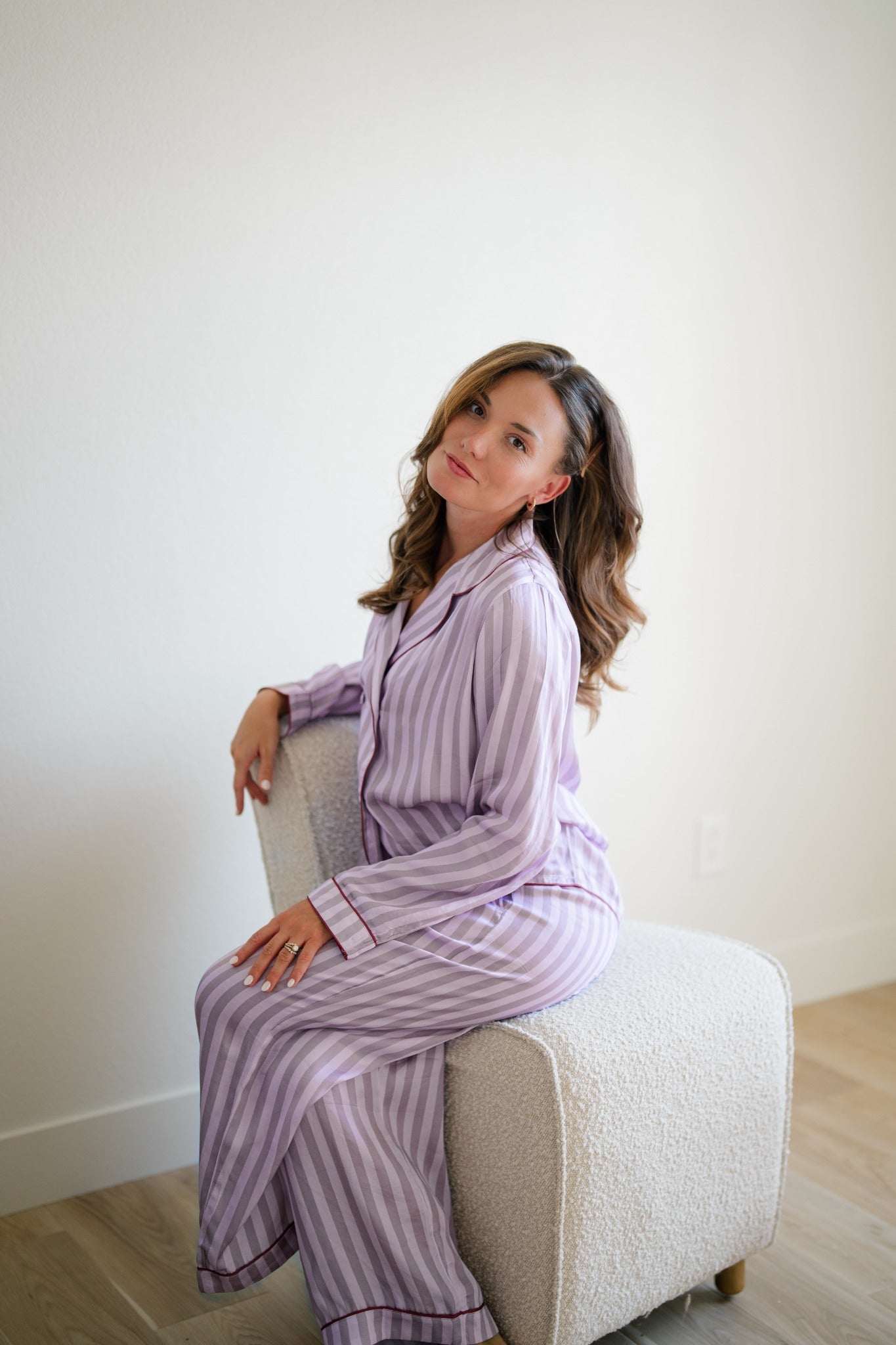 Lilacs in Spring pajama set seated view