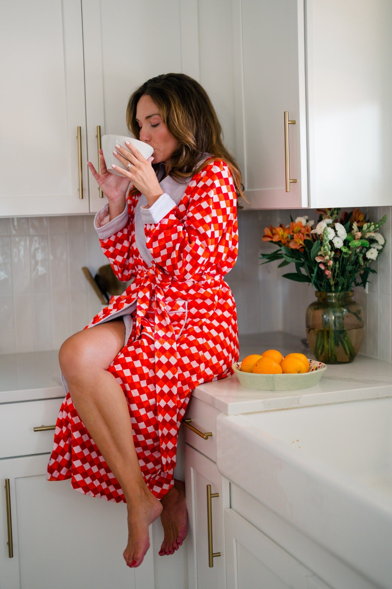 Argyle Robe coffee pose