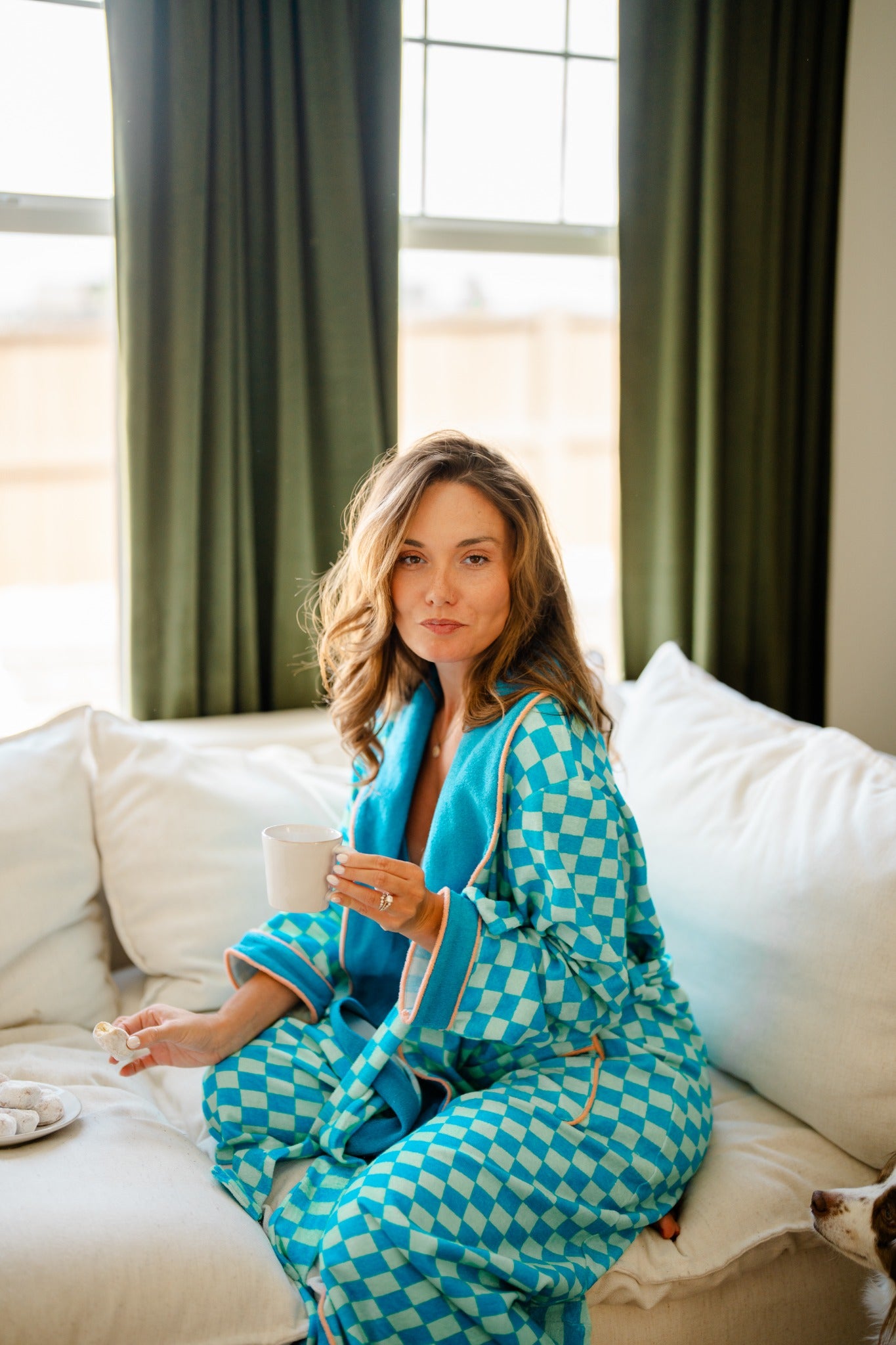 Checkered Robe seated coffee portrait