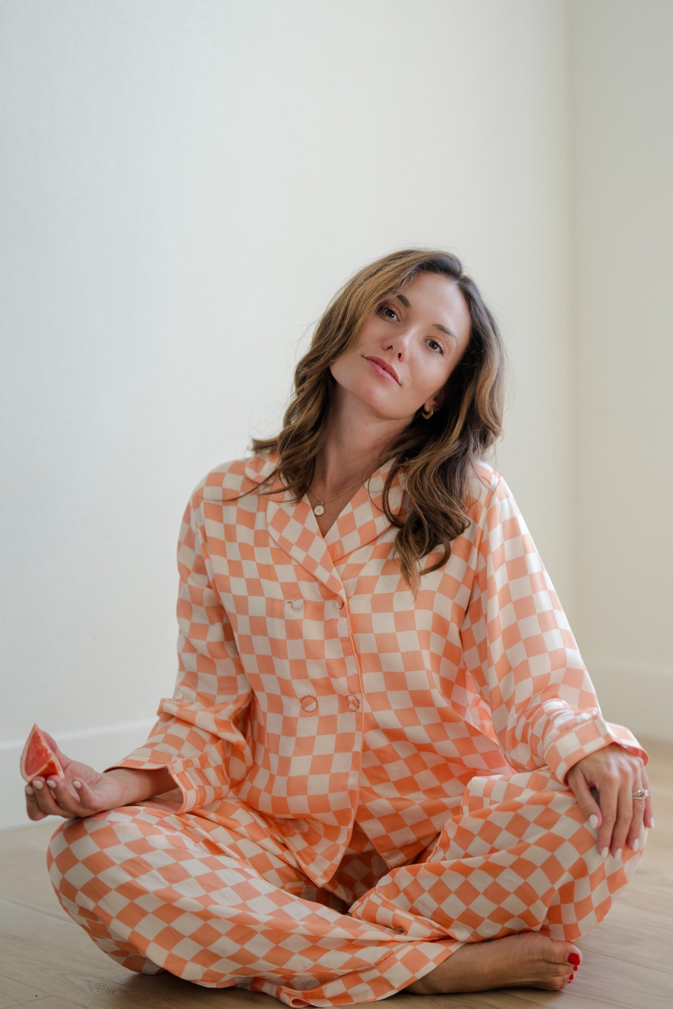 Grapefruit Check seated front portrait