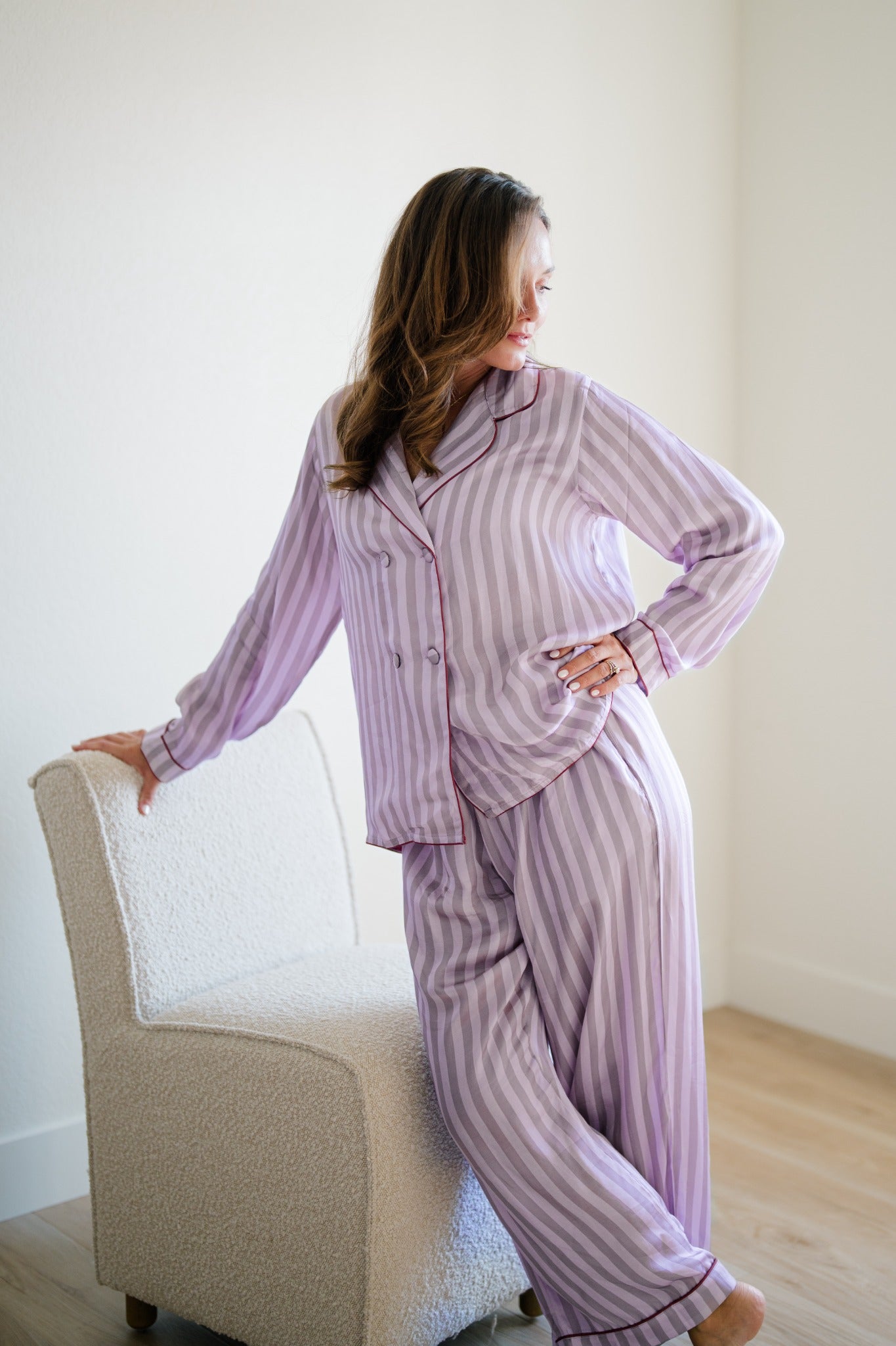 Lilacs in Spring pajama set chair pose